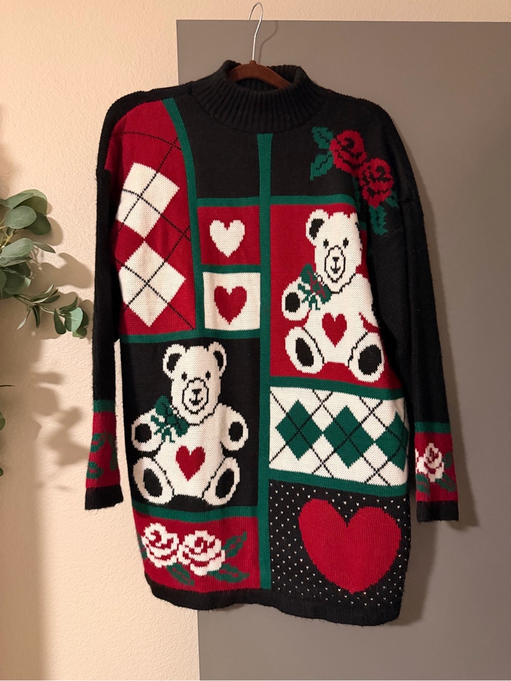 Vintage 80's Ship n' Shore Sport Women M Sweater Roses Teddy Bear Hearts Argyle